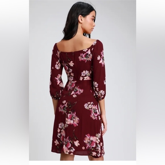 The Lulus Ardleigh Burgundy Floral Print Off-the-Shoulder Dress M 3/4 sleeve EUC - Picture 3 of 11